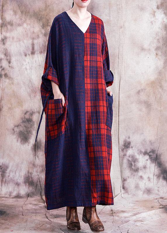 Simple V Neck Tie Waist Linen Cotton Dress Linen Red Plaid Dresses Fall
