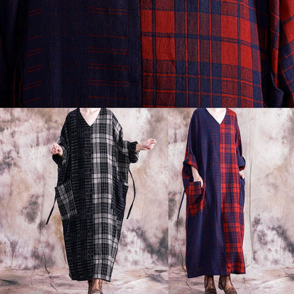 Simple V Neck Tie Waist Linen Cotton Dress Linen Red Plaid Dresses Fall