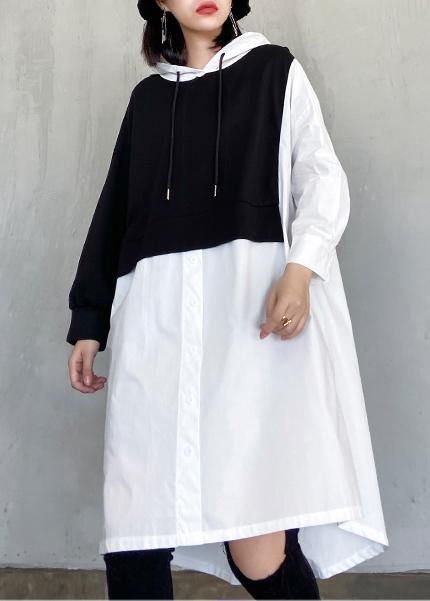 Simple White Clothes Hooded Patchwork Dresses