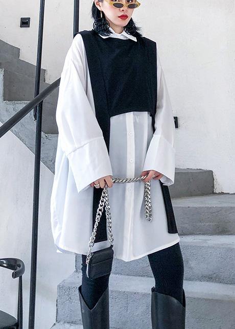 Simple White Cotton Tunic Top Two Pieces Oversized Wild Shirt