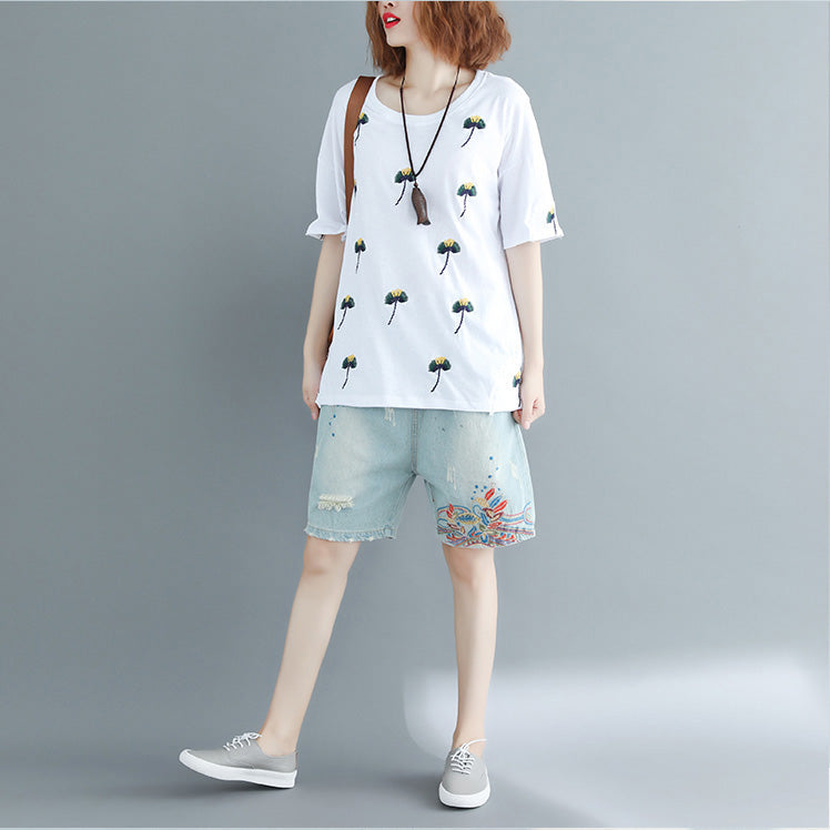 Simple White Embroidery Cotton Clothes Inspiration O Neck Loose Shirt