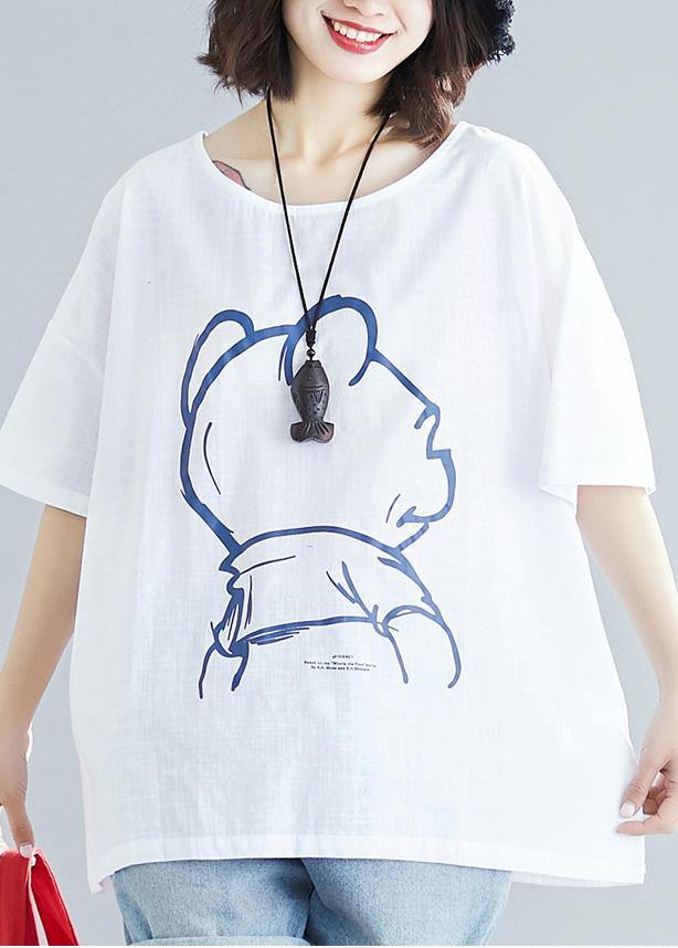 Simple White O Neck Cotton Box Top Prints Knee Summer Tops