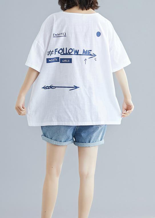 Simple White O Neck Cotton Box Top Prints Knee Summer Tops