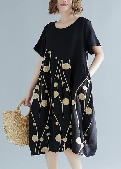 Simple Green Text Cotton Linen Tunics Wild Daily Summer Dress