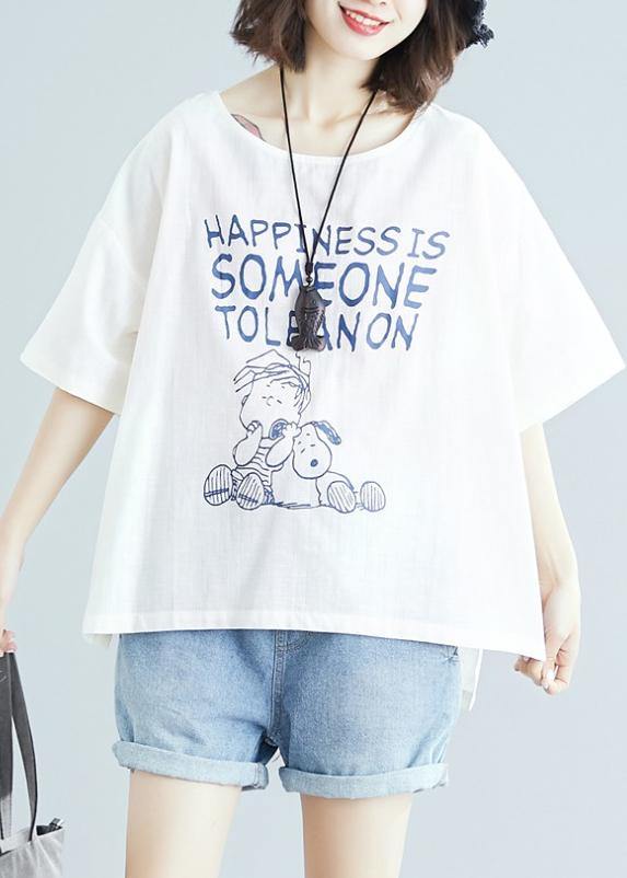 Simple White Print Linen Clothes Fabrics O Neck Baggy Blouse