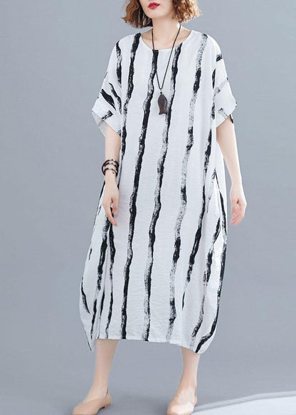 Simple White Striped Cotton Quilting Dresses O Neck Pockets Long Summer Dresses