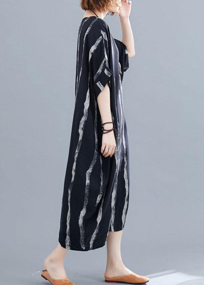 Simple White Striped Cotton Quilting Dresses O Neck Pockets Long Summer Dresses