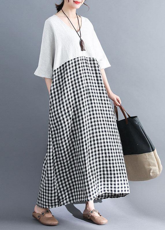Simple White V Neck Cotton Clothes Patchwork Cotton Summer Dresses