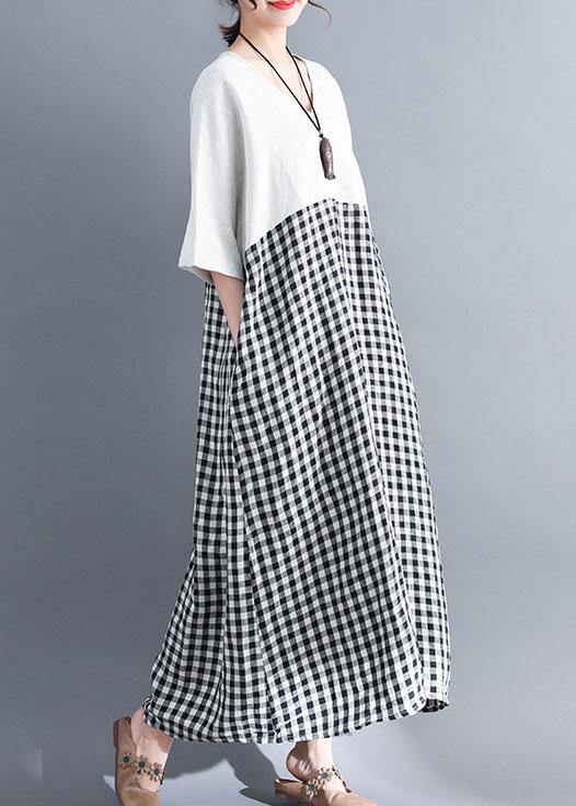 Simple White V Neck Cotton Clothes Patchwork Cotton Summer Dresses