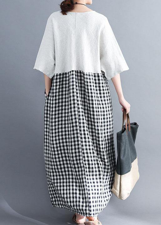 Simple White V Neck Cotton Clothes Patchwork Cotton Summer Dresses