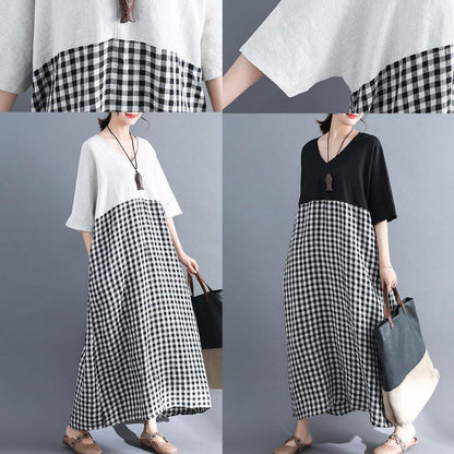 Simple White V Neck Cotton Clothes Patchwork Cotton Summer Dresses