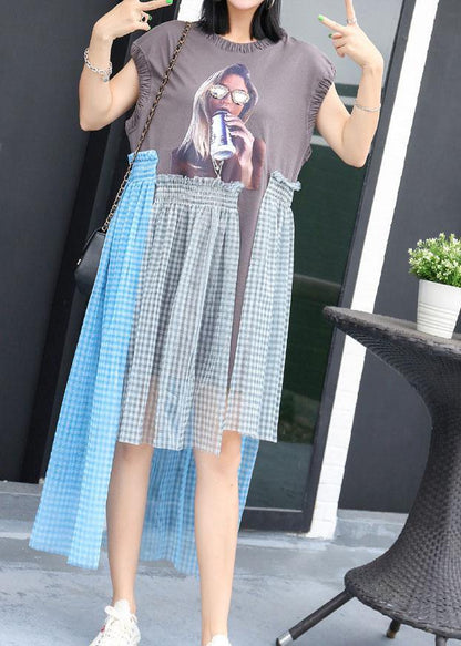 Simple Cinched O Neck Cotton Long Shirts Work Outfits Gray Patchwork Cotton Dress Summer