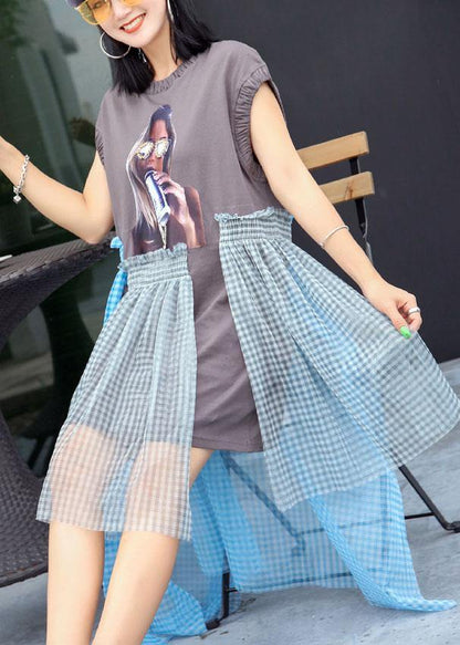Simple Cinched O Neck Cotton Long Shirts Work Outfits Gray Patchwork Cotton Dress Summer