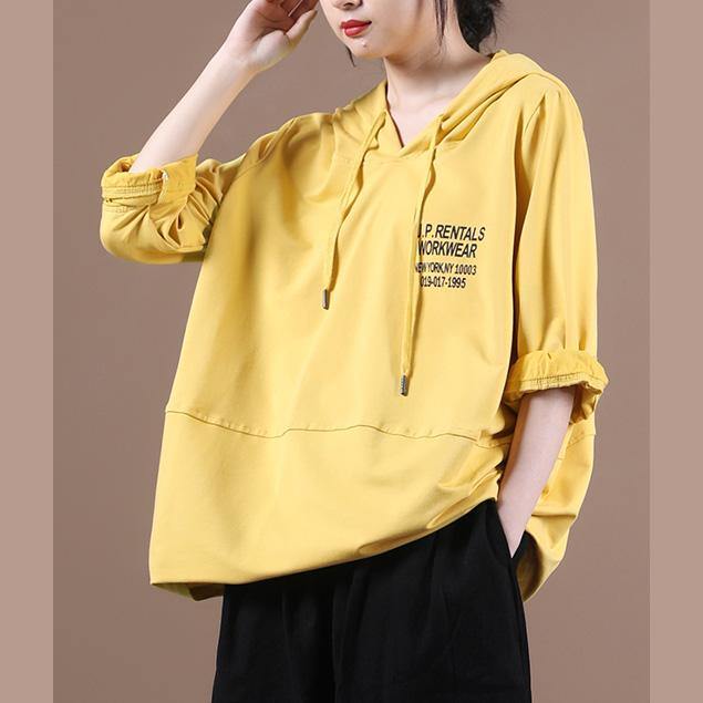 Simple yellow Letter shirts hooded patchwork loose shirt
