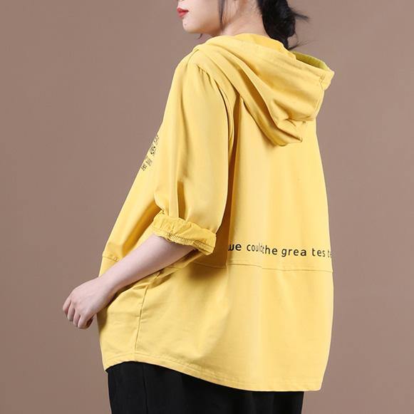 Simple Yellow Letter Shirts Hooded Patchwork Loose Shirt