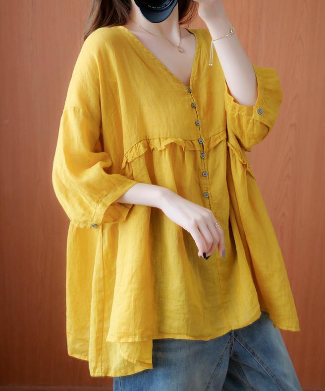 Simple Yellow Tunic V Neck Lantern Sleeve Clothing Blouse