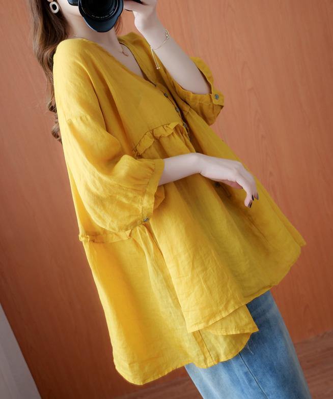 Simple Yellow Tunic V Neck Lantern Sleeve Clothing Blouse