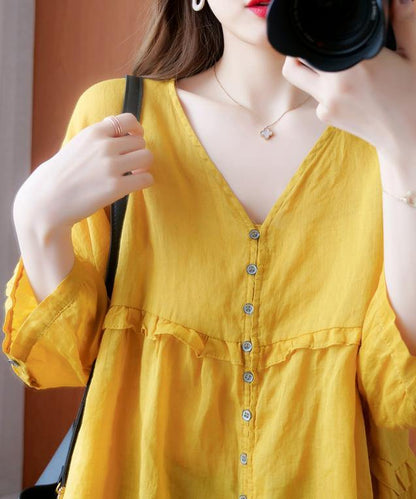 Simple Yellow Tunic V Neck Lantern Sleeve Clothing Blouse