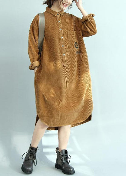 Simple Yellow Corduroy Tunic Side Open Knee Fall Dresses