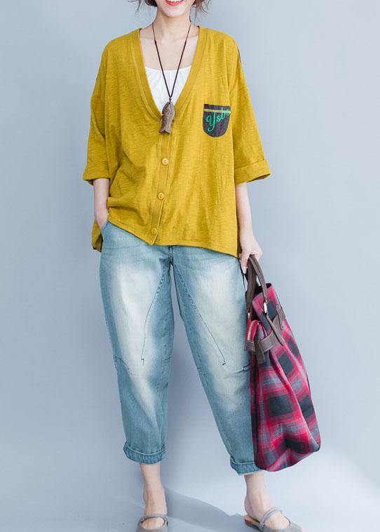 Simple Yellow Cotton Clothes for V Neck Prints Knee Summer Tops