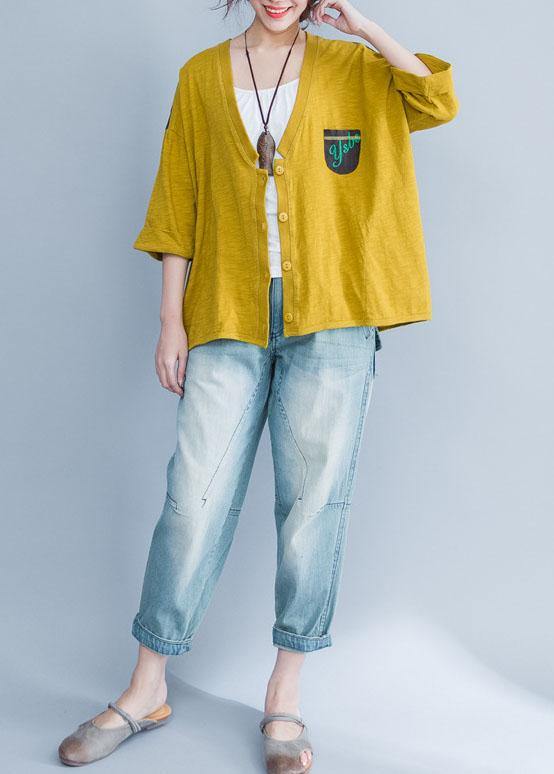 Simple Yellow Cotton Clothes for V Neck Prints Knee Summer Tops
