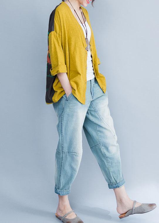 Simple Yellow Cotton Clothes for V Neck Prints Knee Summer Tops