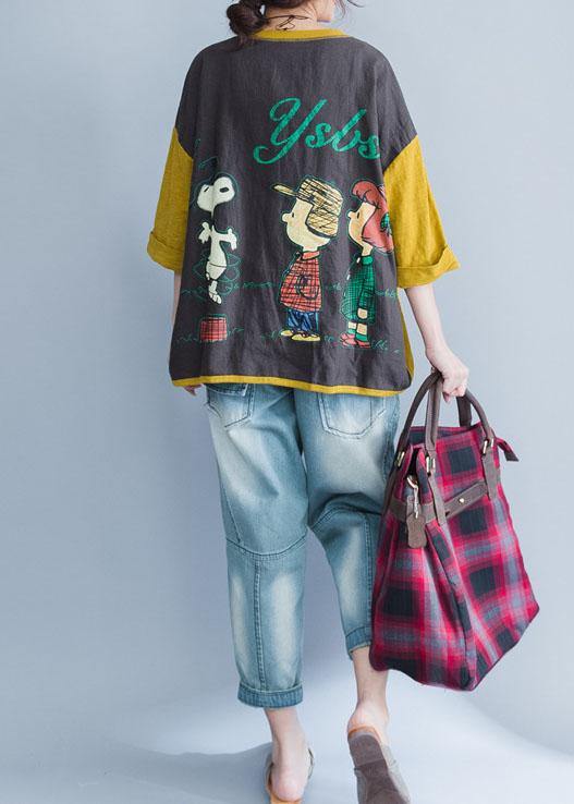 Simple Yellow Cotton Clothes for V Neck Prints Knee Summer Tops