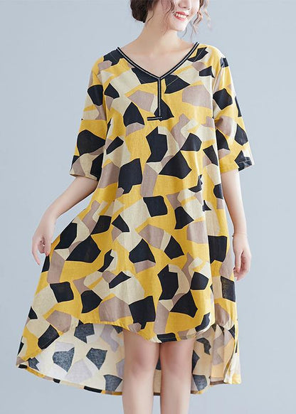 Simple Yellow Print Cotton Quilting Clothes V Neck Half Sleeve Oversized Summer Dress