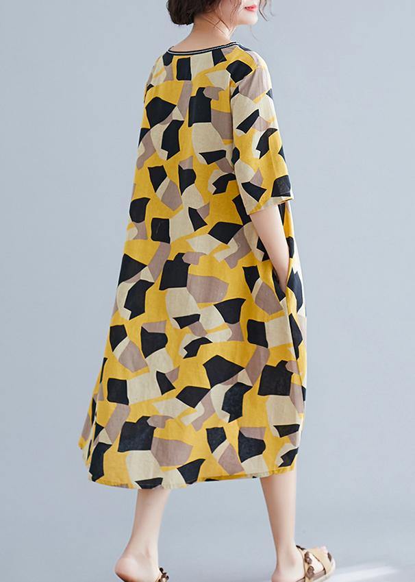 Simple Yellow Print Cotton Quilting Clothes V Neck Half Sleeve Oversized Summer Dress