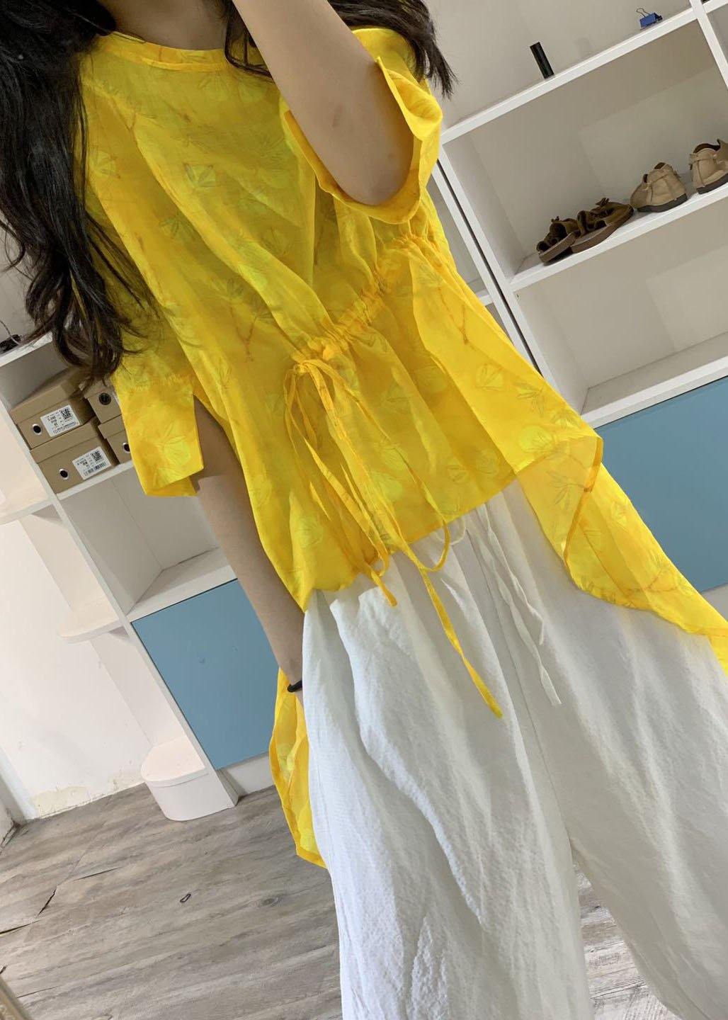 Simple Yellow Prints Linen Long Shirts Low High Design Box Summer Blouses