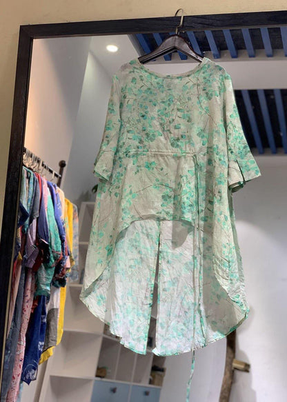 Simple Yellow Prints Linen Long Shirts Low High Design Box Summer Blouses