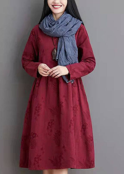 Simple Linen Clothes Jacquard Pleat Blue Linen Loose Dress