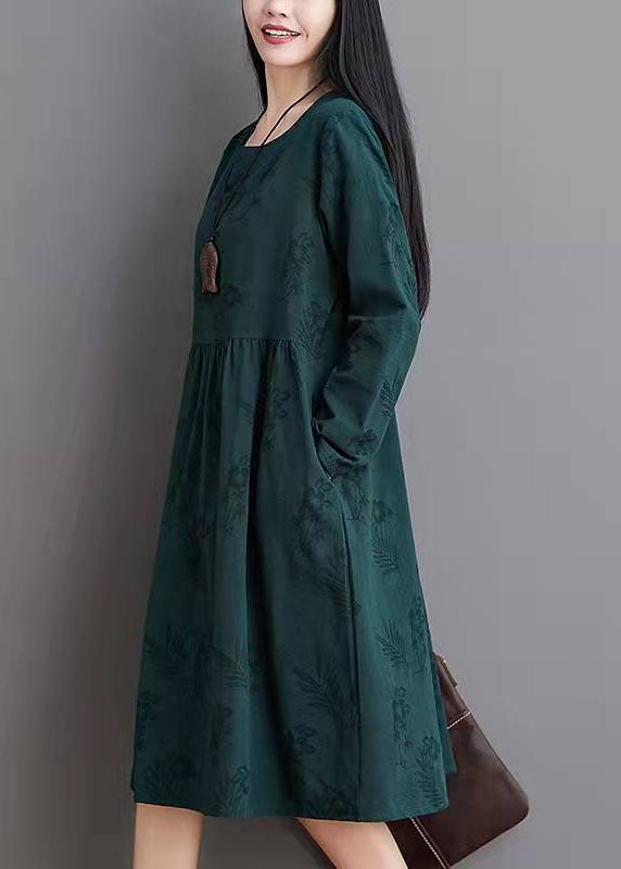 Simple Linen Clothes Jacquard Pleat Blue Linen Loose Dress