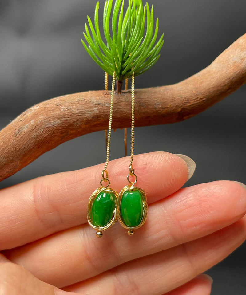 Skinny Green Sterling Silver Overgild Jade Tassel Drop Earrings