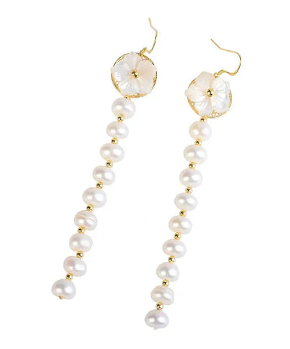 Sterling Silver Overgild Pearl Shell Flower Tassel Drop Earrings