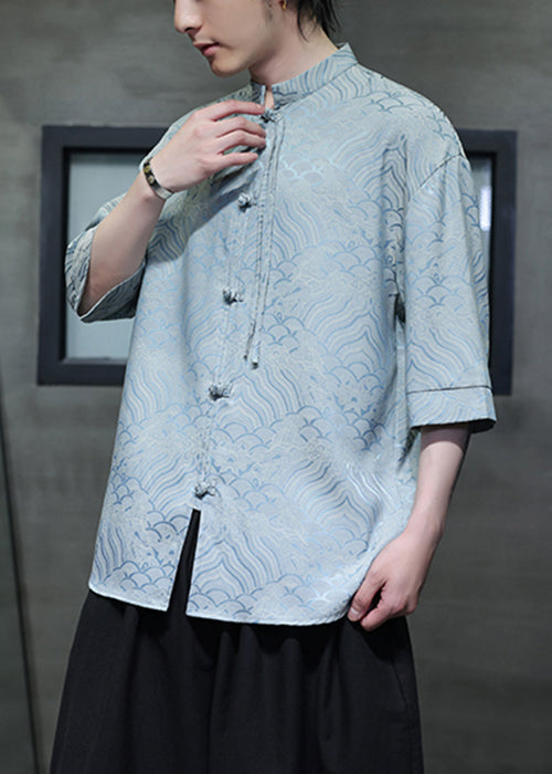 Sky Blue Button Ice Silk Shirt Stand Collar Half Sleeve