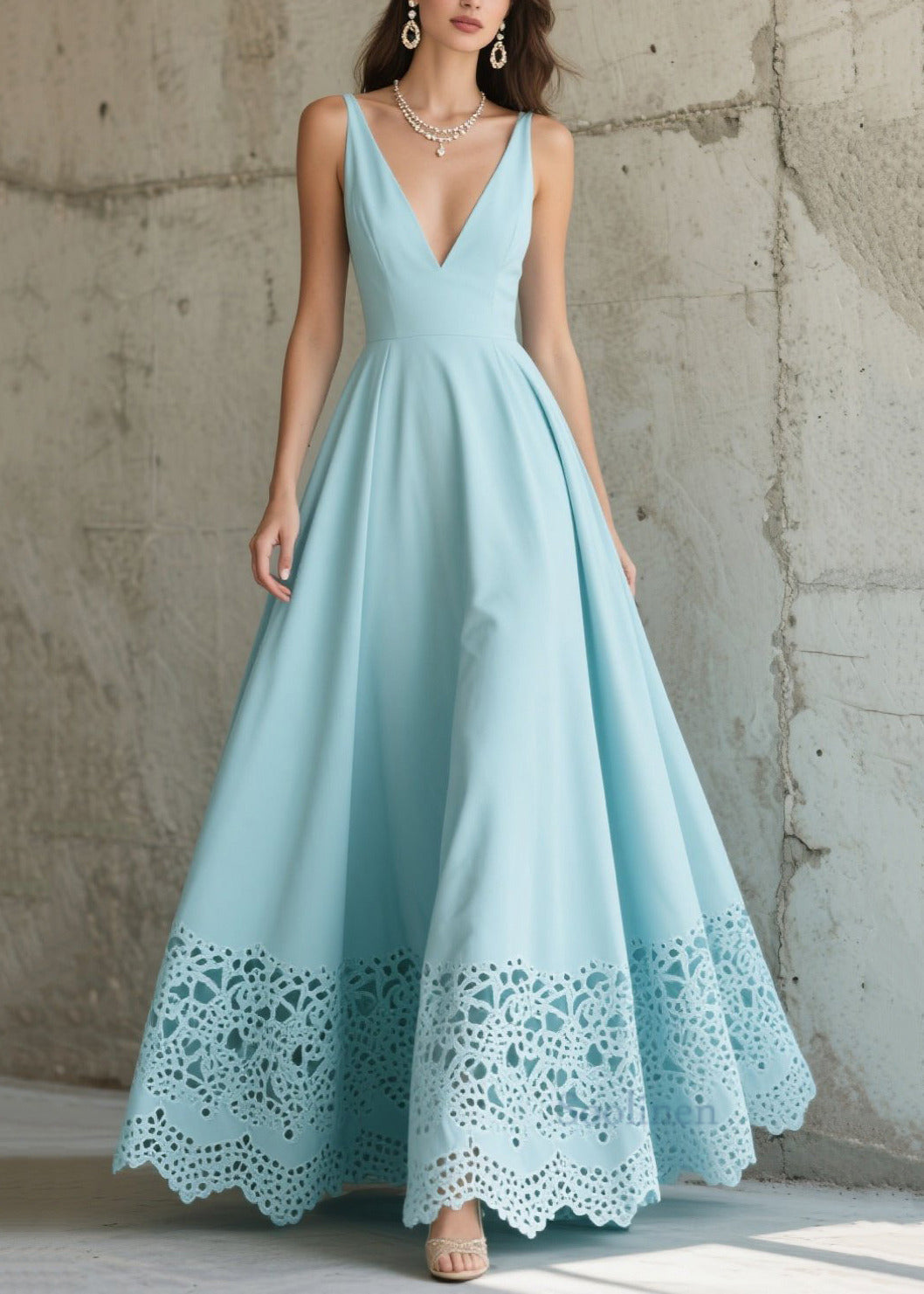 Sky Blue Exra Large Hem Hollow Out Chiffon Party Dress Summer