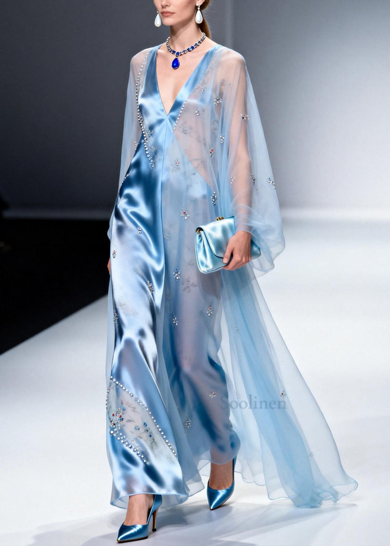 Sky Blue Patchwork Chiffon Party Dress Handmade Zircon Summer