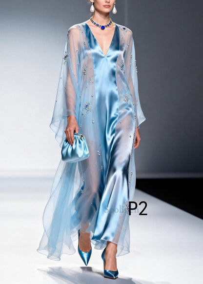 Sky Blue Patchwork Tulle Chiffon Evening Dresses Rhinestone Summer