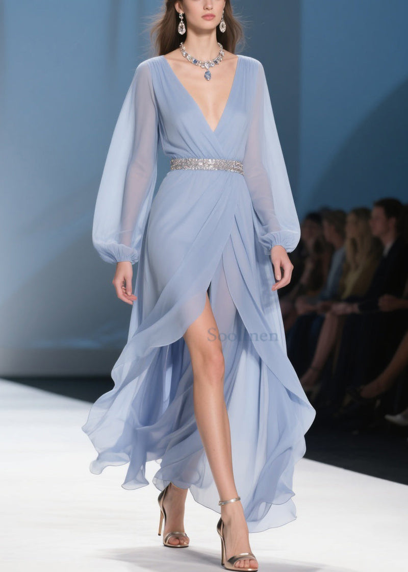 Sky Blue Wrinkled Low High Design Long Dresses V Neck