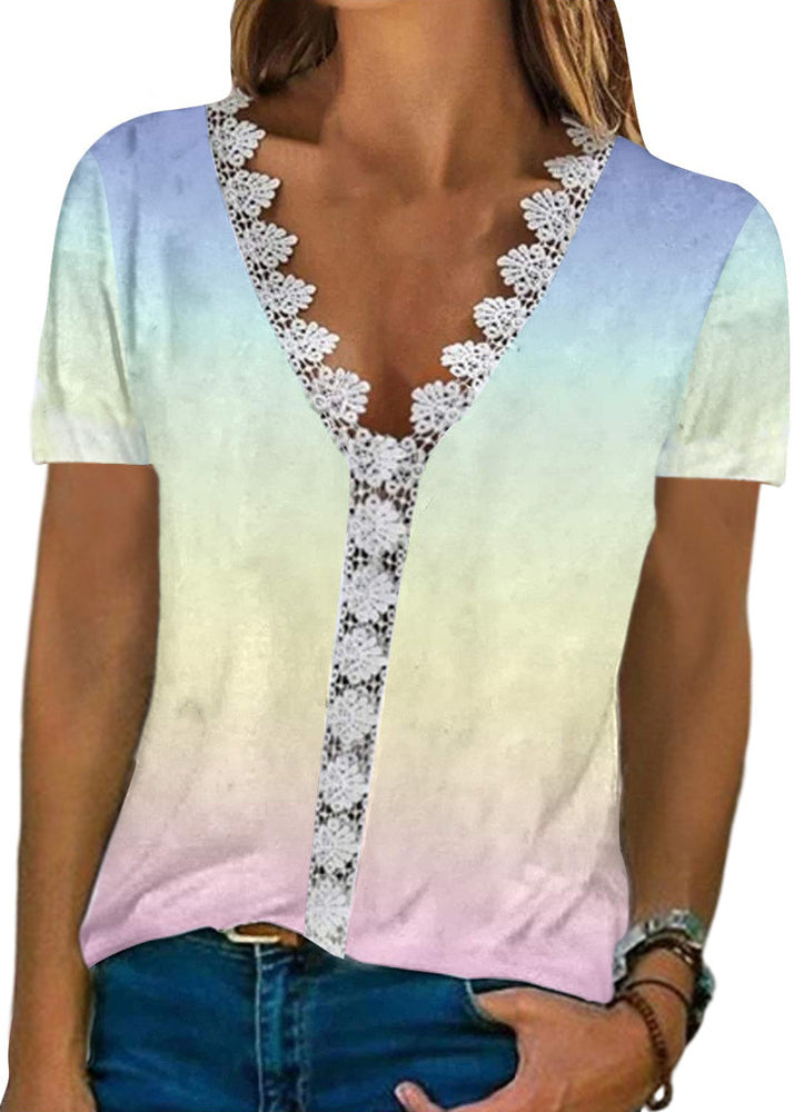 Sleeve Comfortable Lace V-neck Print T Shirt White