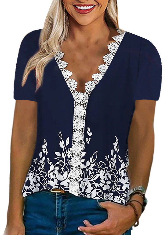 Sleeve Comfortable Lace V-neck Print T Shirt White