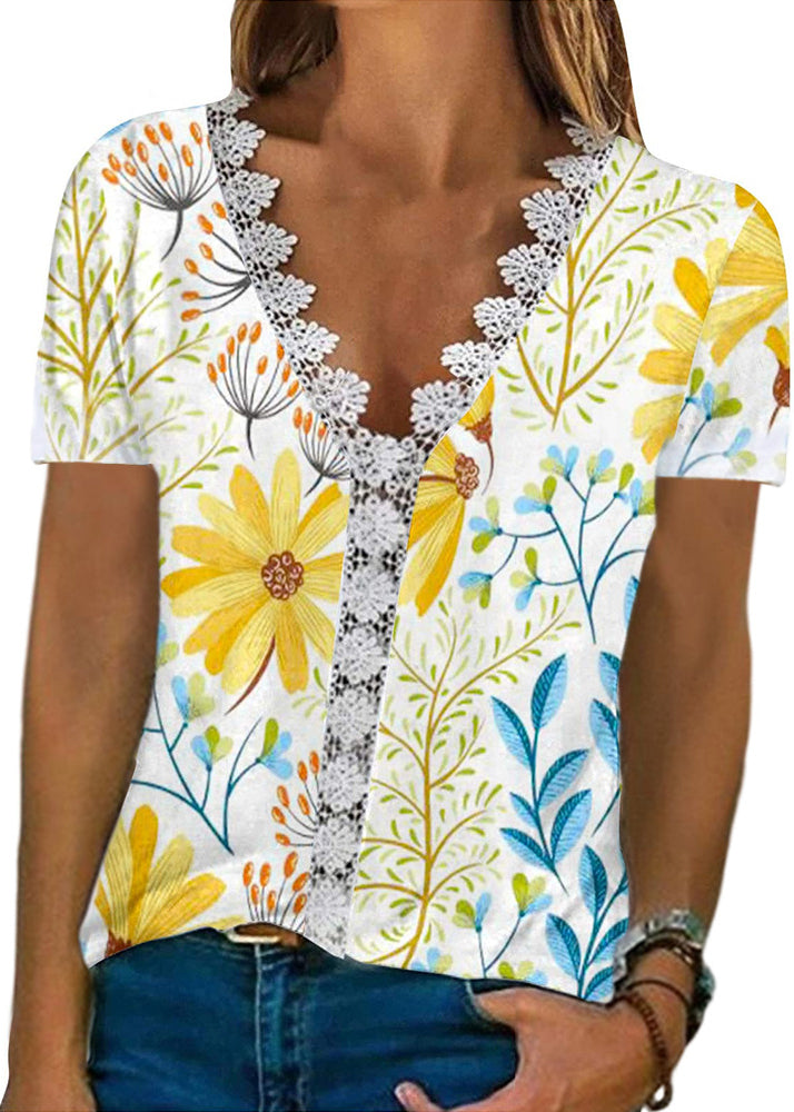 Sleeve Comfortable Lace V-neck Print T Shirt White