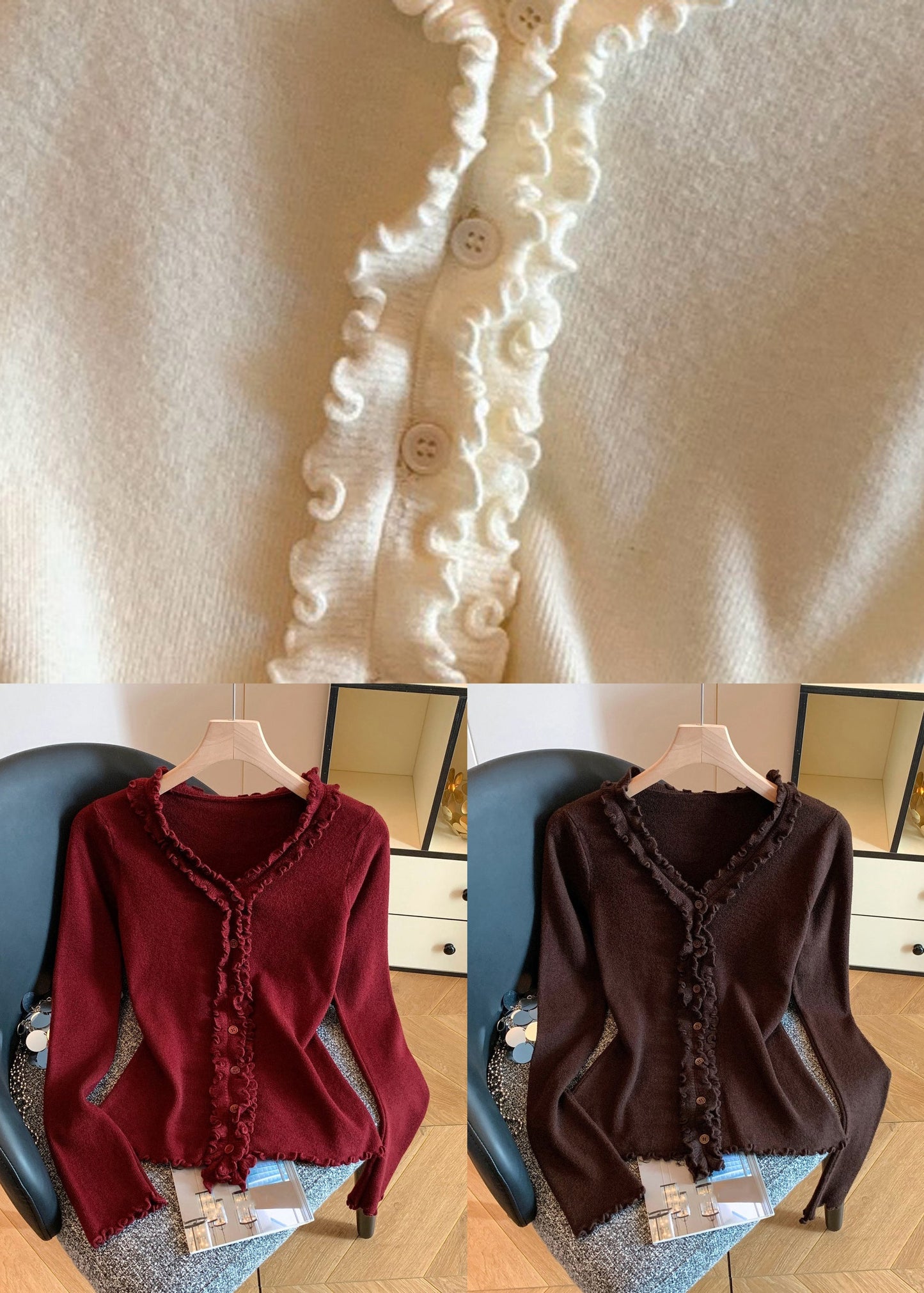Slim Fit Apricot Ruffled Cozy Knit Sweater Tops