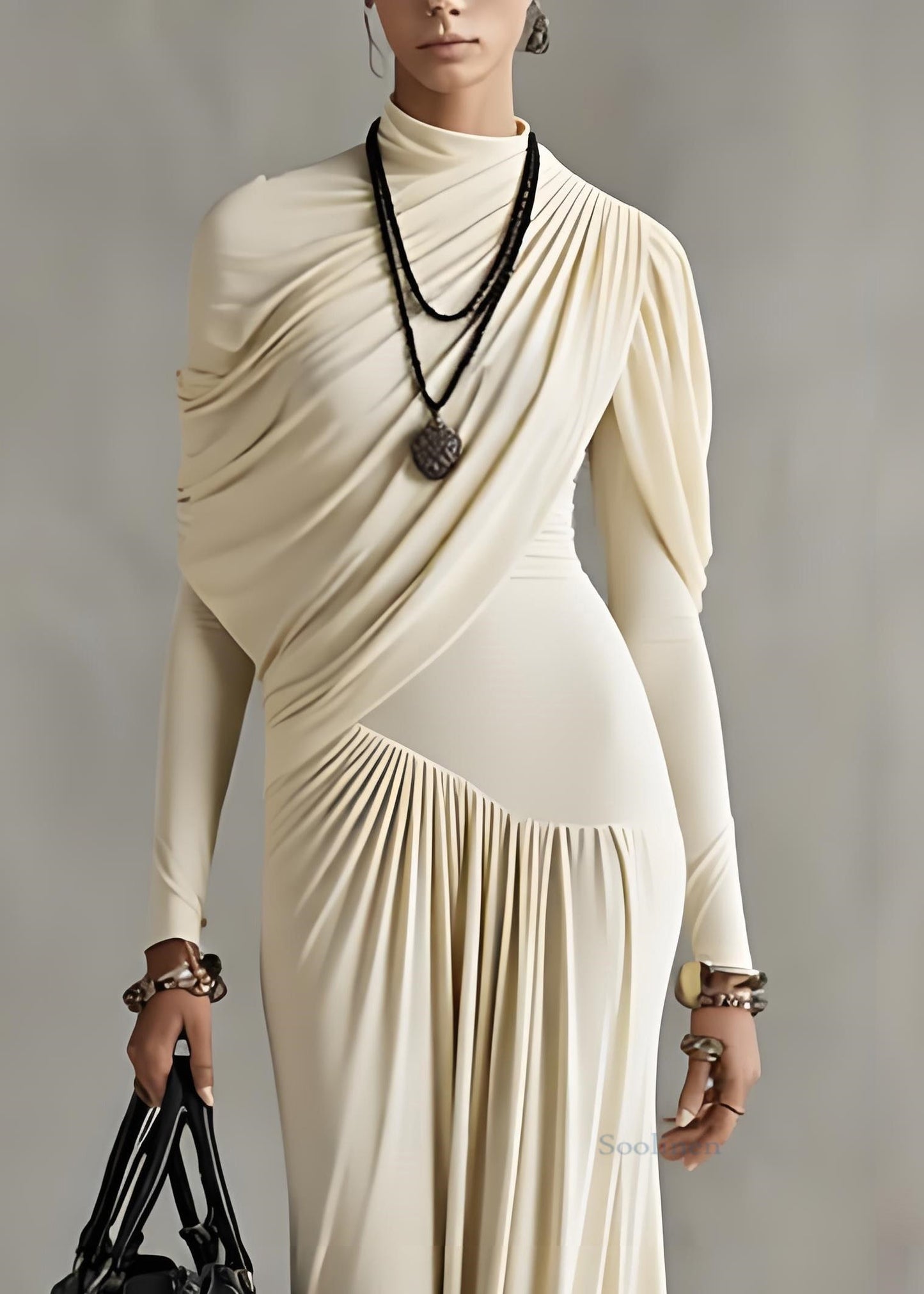 Slim Fit Apricot Wrinkled Cotton Long Dresses Spring
