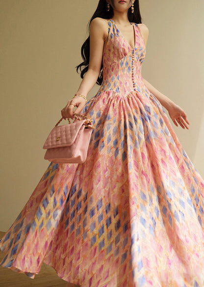 Slim Fit Backless Plaid Lace Up Cotton Long Dresses Sleeveless