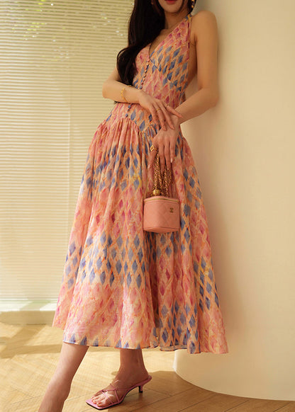 Slim Fit Backless Plaid Lace Up Cotton Long Dresses Sleeveless