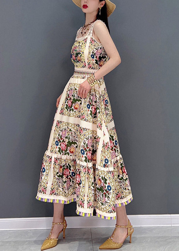 Slim Fit Beige Print Chiffon Spaghetti Strap Dress Sleeveless