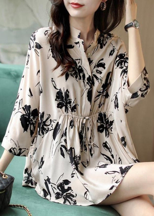 Slim Fit Beige Stand Collar Button drawstring Print Chiffon Shirt Spring