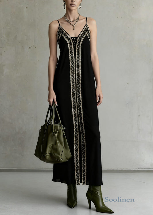 Slim Fit Black Backless Plaid Spaghetti Strap Dress Sleeveless